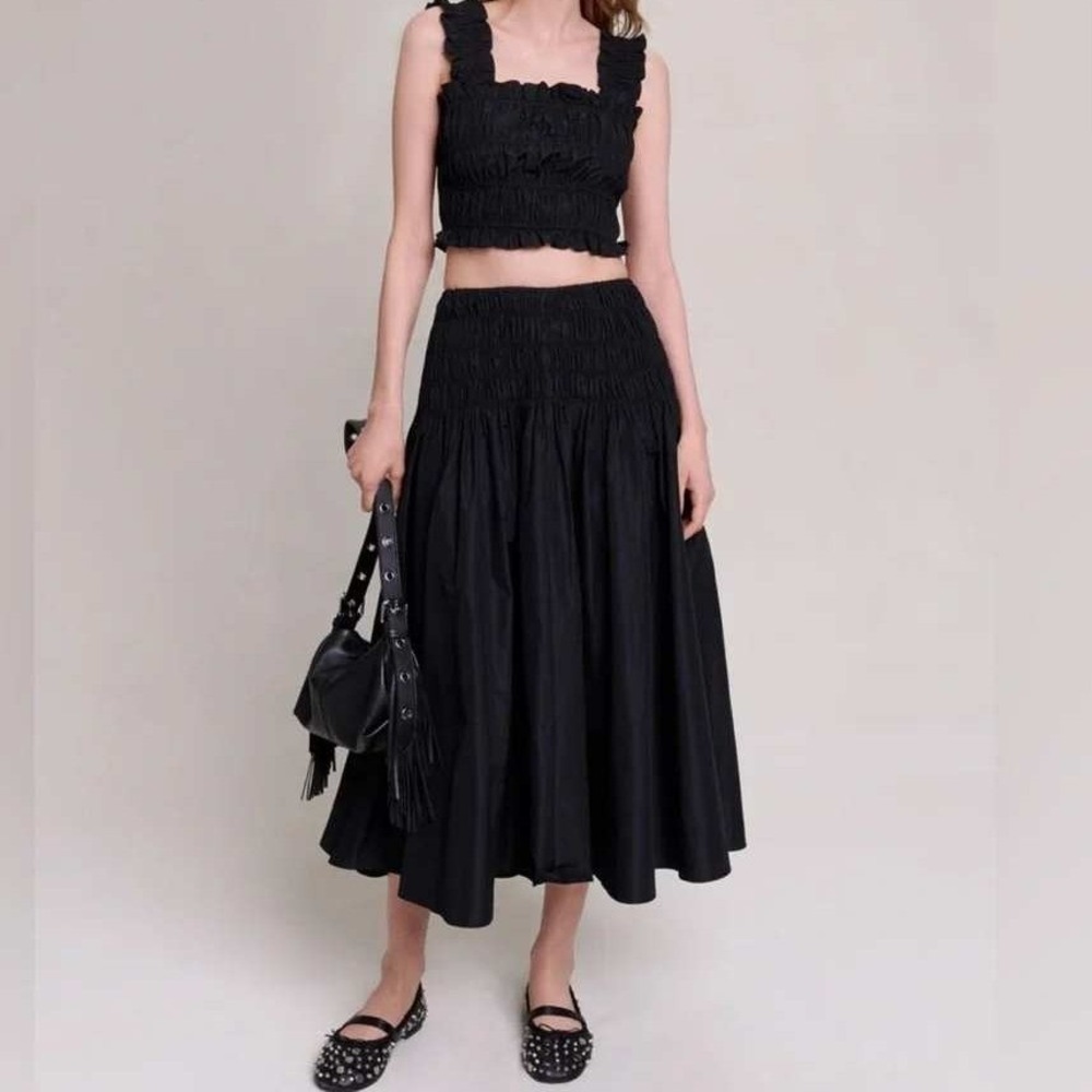 Maje Black Midi Swing Skirt 40 US 8, Smocked Waist Retro Witchy French Girl